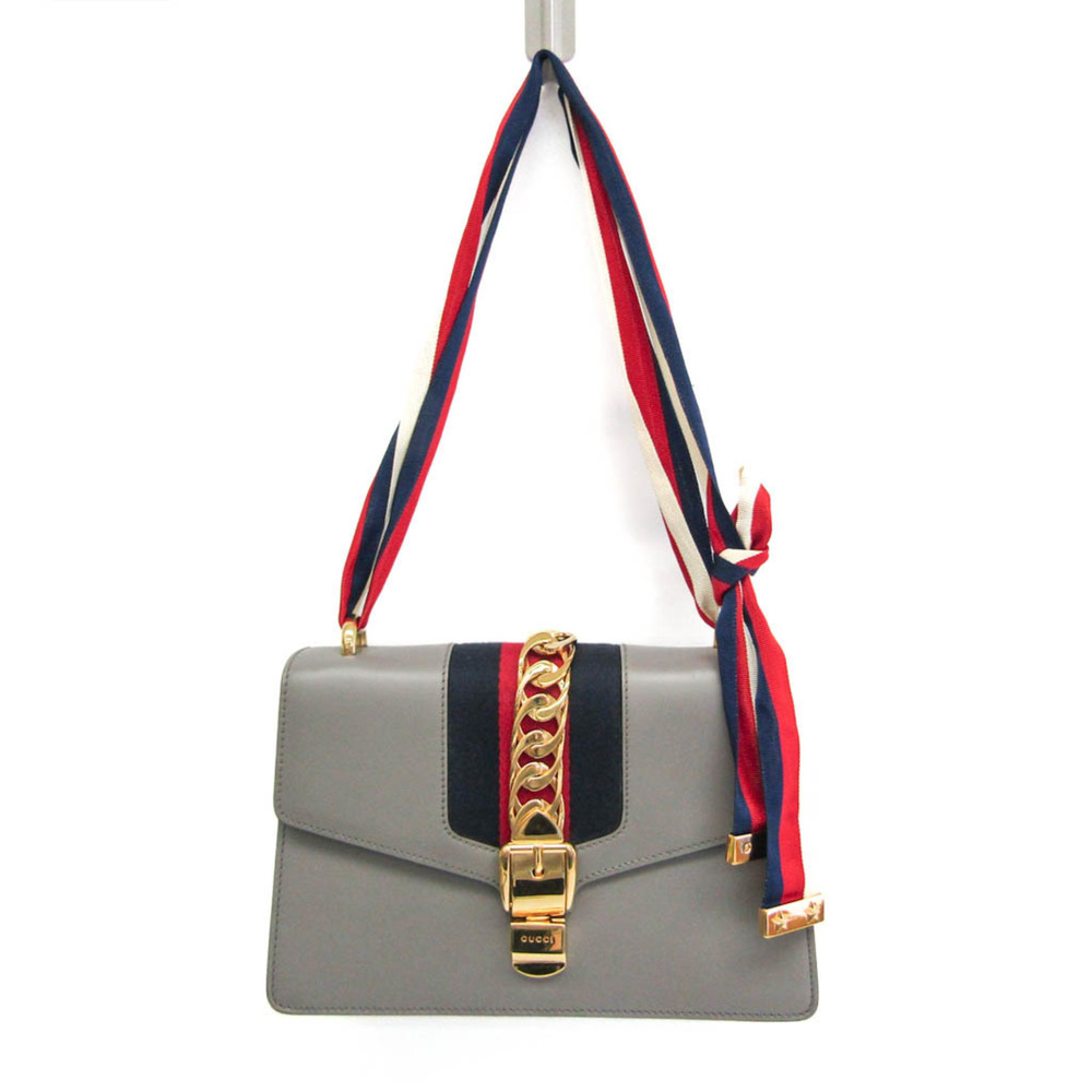 GUCCI Authentic Gray Leather Sylvie Shoulder Bag - Picture 3 of 16